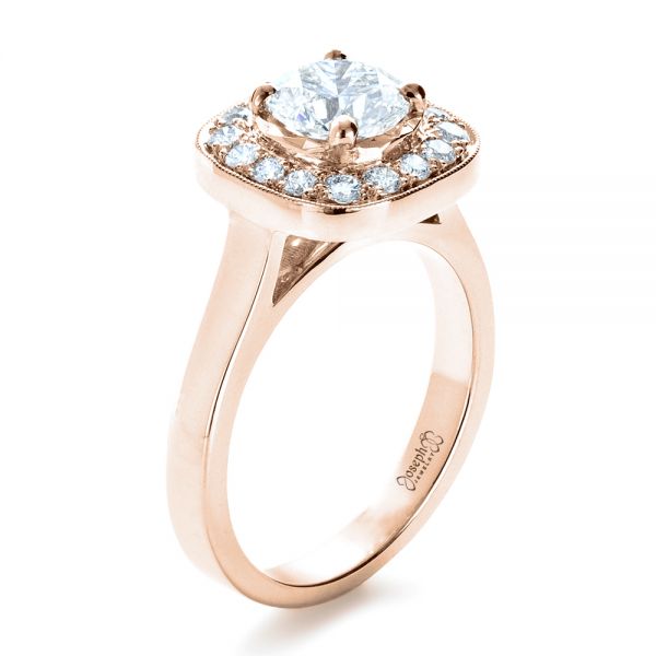 18k Rose Gold 18k Rose Gold Custom Diamond Halo Engagement Ring - Three-Quarter View -  1330