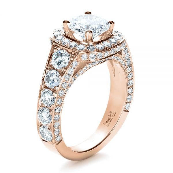18k Rose Gold 18k Rose Gold Custom Diamond Halo Engagement Ring - Three-Quarter View -  1436