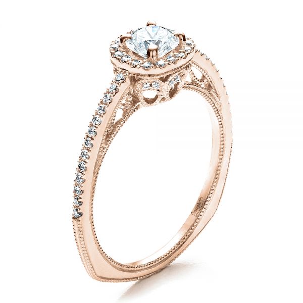 14k Rose Gold 14k Rose Gold Custom Diamond Halo Engagement Ring - Three-Quarter View -  1448