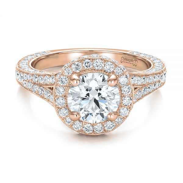 18k Rose Gold 18k Rose Gold Custom Diamond Halo Engagement Ring - Flat View -  100644