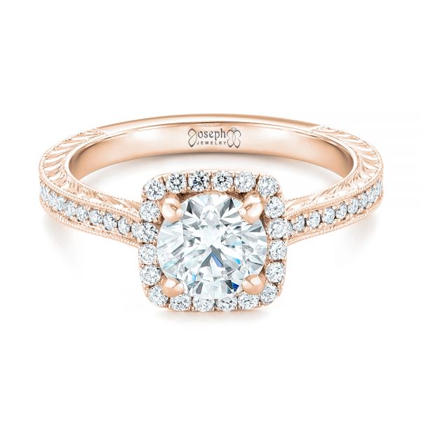 18k Rose Gold 18k Rose Gold Custom Diamond Halo Engagement Ring - Flat View -  102422