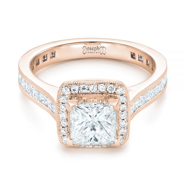 18k Rose Gold 18k Rose Gold Custom Diamond Halo Engagement Ring - Flat View -  102882