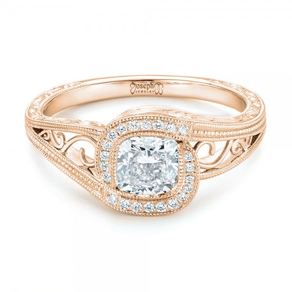 18k Rose Gold 18k Rose Gold Custom Diamond Halo Engagement Ring - Flat View -  102936