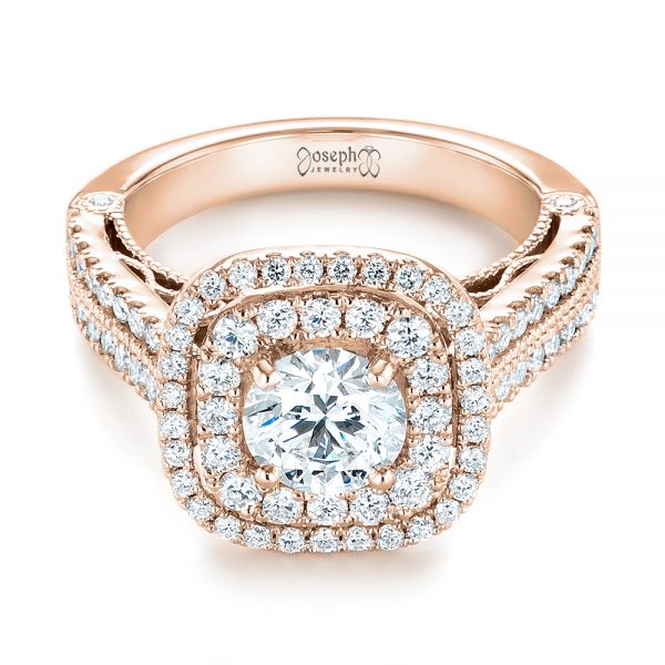 18k Rose Gold 18k Rose Gold Custom Diamond Halo Engagement Ring - Flat View - 103223