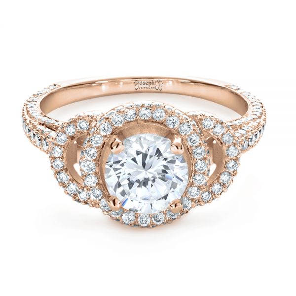 14k Rose Gold 14k Rose Gold Custom Diamond Halo Engagement Ring - Flat View -  1128
