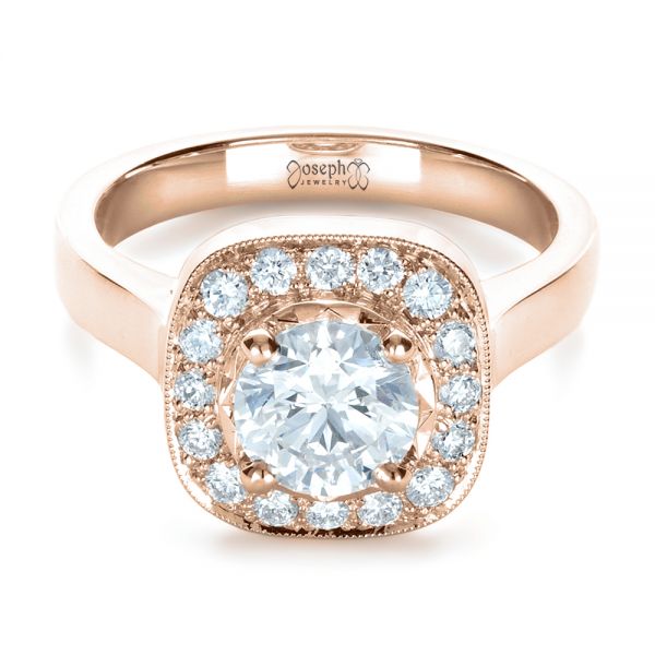 18k Rose Gold 18k Rose Gold Custom Diamond Halo Engagement Ring - Flat View -  1330