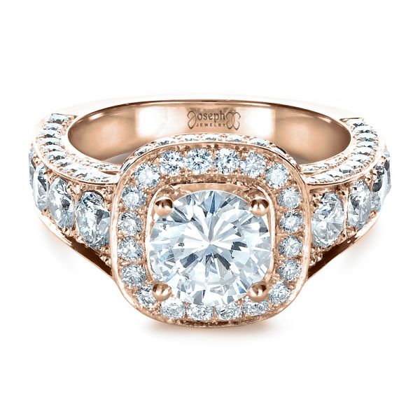 18k Rose Gold 18k Rose Gold Custom Diamond Halo Engagement Ring - Flat View -  1436