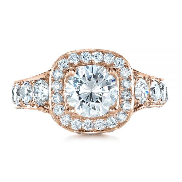 18k Rose Gold 18k Rose Gold Custom Diamond Halo Engagement Ring - Top View -  1436