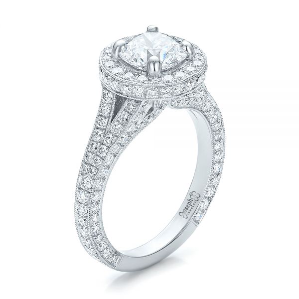 18k White Gold 18k White Gold Custom Diamond Halo Engagement Ring - Three-Quarter View -  100644