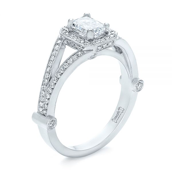 14k White Gold Custom Diamond Halo Engagement Ring - Three-Quarter View -  100651