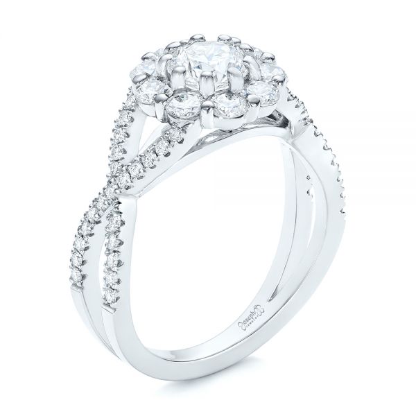 14k White Gold Custom Diamond Halo Engagement Ring - Three-Quarter View -  100874