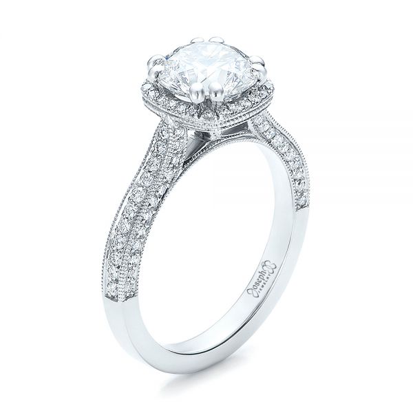 18k White Gold Custom Diamond Halo Engagement Ring - Three-Quarter View -  101183