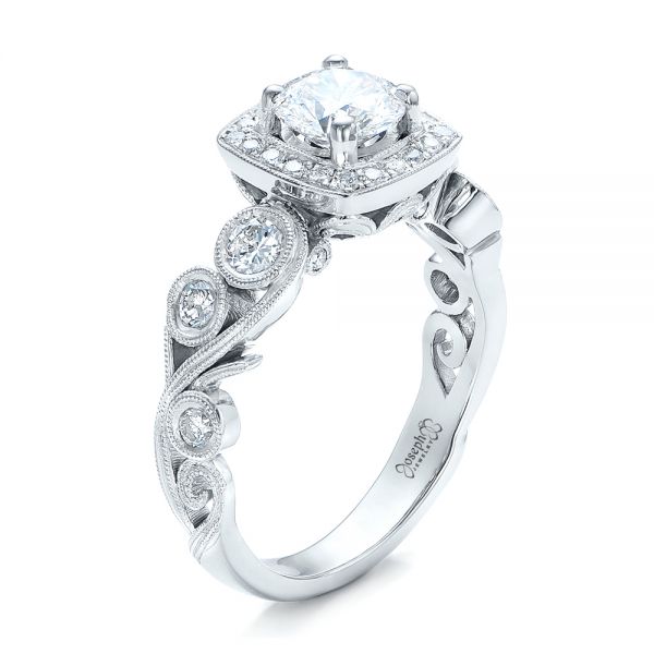 14k White Gold Custom Diamond Halo Engagement Ring - Three-Quarter View -  102021