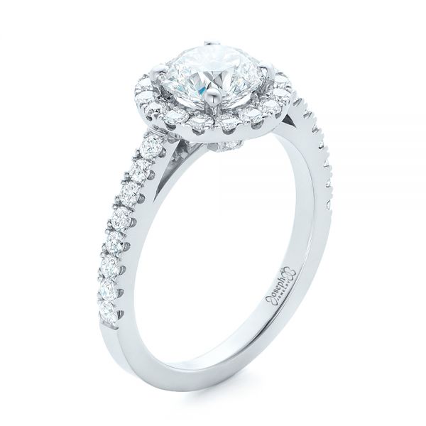 14k White Gold Custom Diamond Halo Engagement Ring - Three-Quarter View -  102260