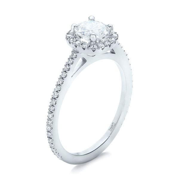 18k White Gold Custom Diamond Halo Engagement Ring - Three-Quarter View -  102317