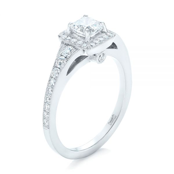 18k White Gold Custom Diamond Halo Engagement Ring - Three-Quarter View -  102597