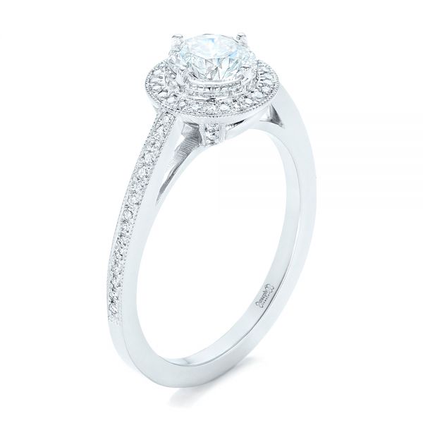 18k White Gold Custom Diamond Halo Engagement Ring - Three-Quarter View -  102692