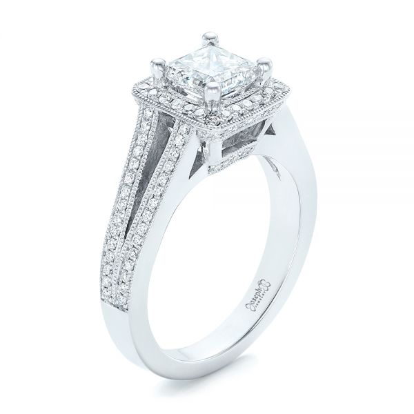 14k White Gold Custom Diamond Halo Engagement Ring - Three-Quarter View -  102809