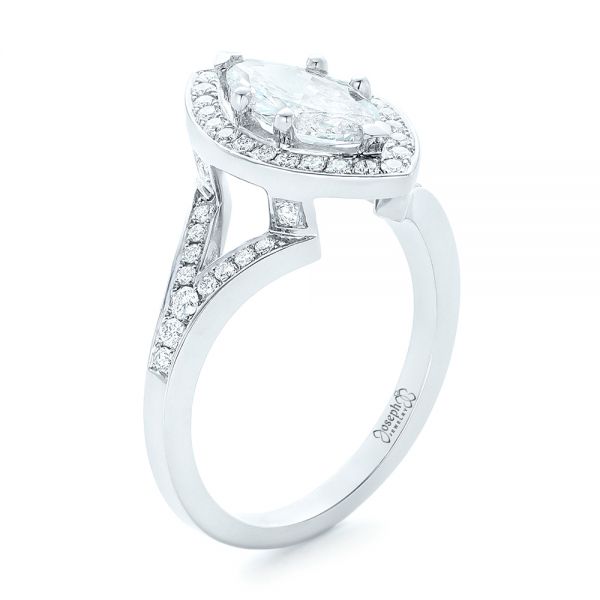 18k White Gold Custom Diamond Halo Engagement Ring - Three-Quarter View -  102910