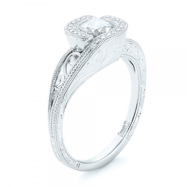 14k White Gold Custom Diamond Halo Engagement Ring - Three-Quarter View -  102936
