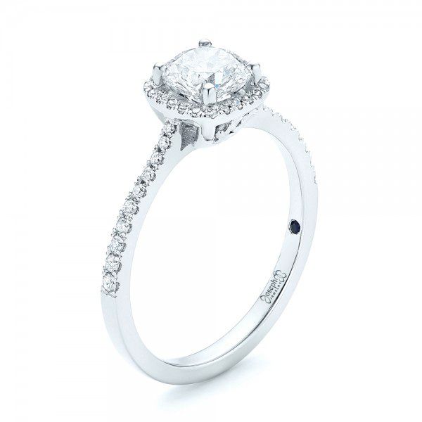 14k White Gold Custom Diamond Halo Engagement Ring - Three-Quarter View -  103037