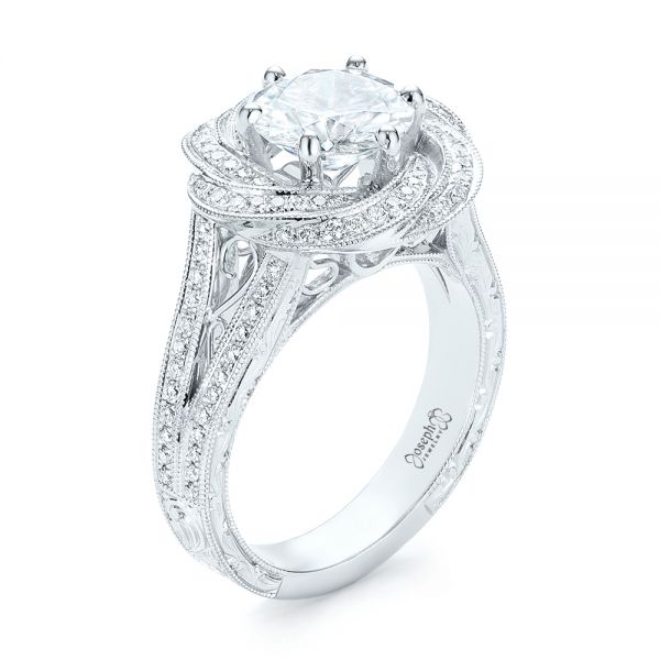 18k White Gold Custom Diamond Halo Engagement Ring - Three-Quarter View -  103325