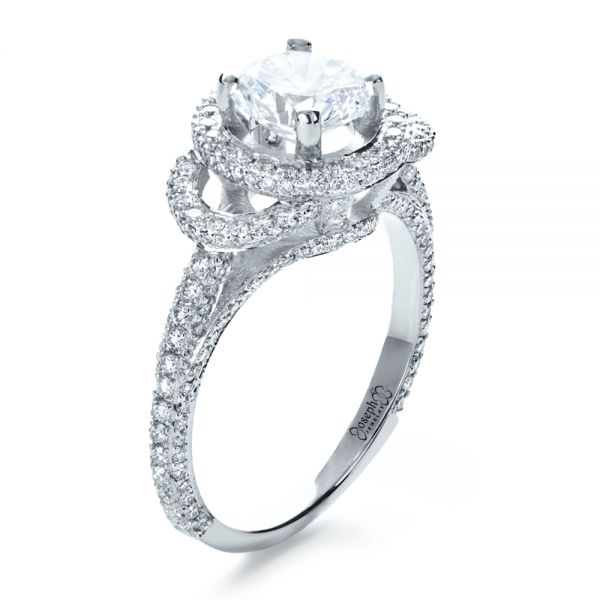 18k White Gold Custom Diamond Halo Engagement Ring - Three-Quarter View -  1128