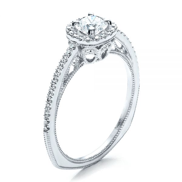 14k White Gold 14k White Gold Custom Diamond Halo Engagement Ring - Three-Quarter View -  1448