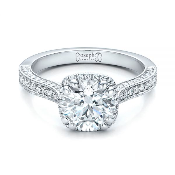 18k White Gold Custom Diamond Halo Engagement Ring - Flat View -  101183