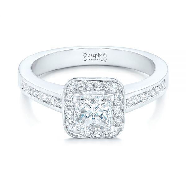 14k White Gold Custom Diamond Halo Engagement Ring - Flat View -  102437
