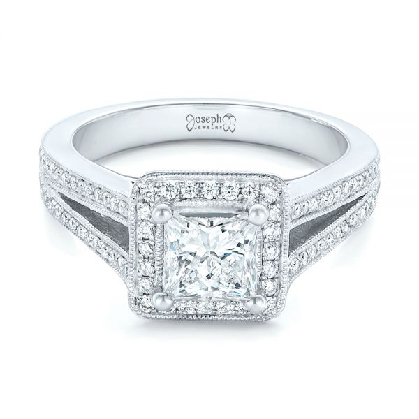 14k White Gold Custom Diamond Halo Engagement Ring - Flat View - 102809