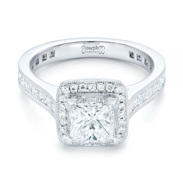 14k White Gold Custom Diamond Halo Engagement Ring - Flat View -  102882
