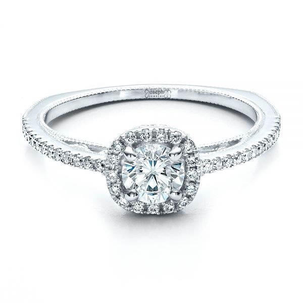 18k White Gold Custom Diamond Halo Engagement Ring - Flat View - 1448