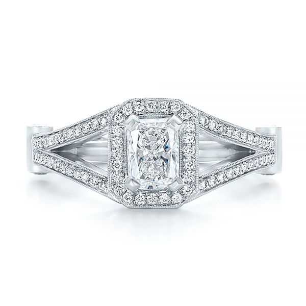 14k White Gold Custom Diamond Halo Engagement Ring - Top View -  100651