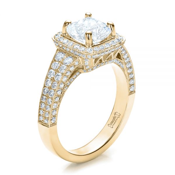 18k Yellow Gold 18k Yellow Gold Custom Diamond Halo Engagement Ring - Three-Quarter View -  100098