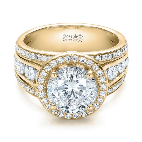 Gemstone Bezel Pave Two-Tone Engagement Ring - Yellow Gold Plated Halo Ring US Sizes 4-12