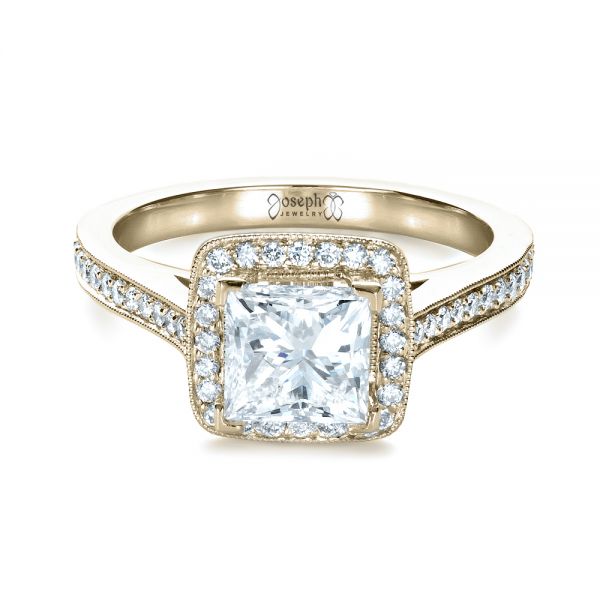 18k Yellow Gold 18k Yellow Gold Custom Diamond Halo Engagement Ring - Flat View -  1435
