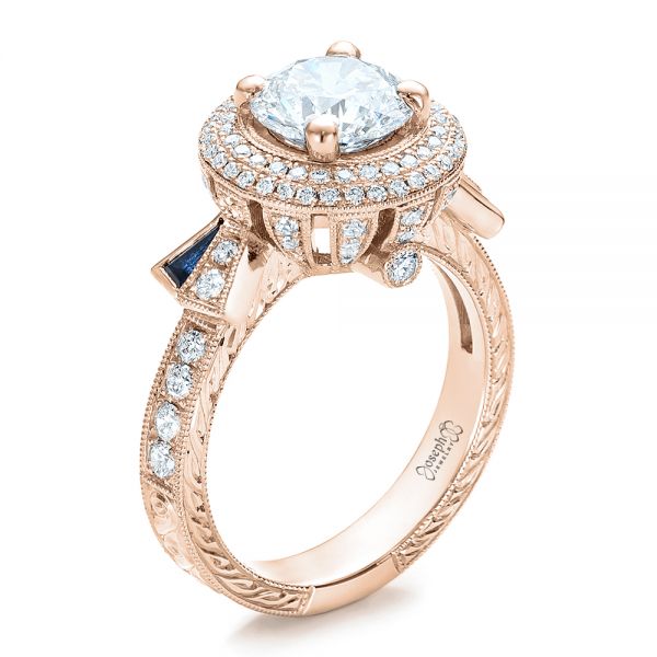 14k Rose Gold 14k Rose Gold Custom Diamond Halo And Blue Sapphire Engagement Ring - Three-Quarter View -  101036