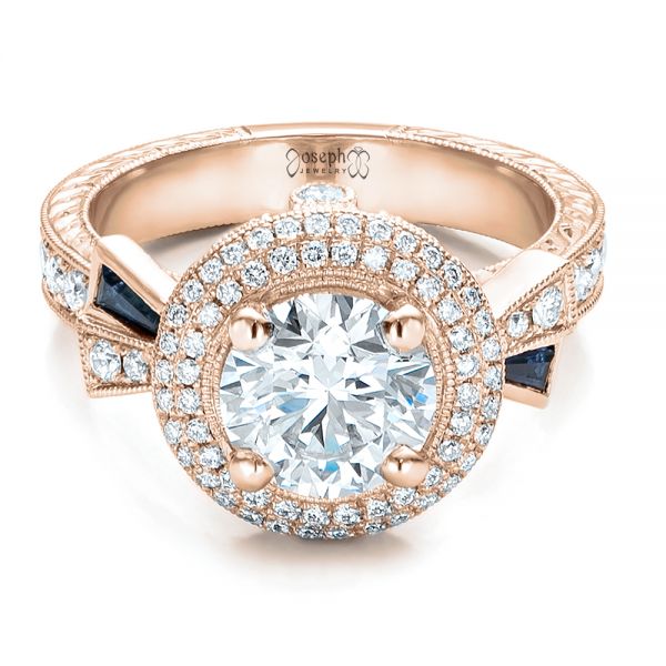 18k Rose Gold 18k Rose Gold Custom Diamond Halo And Blue Sapphire Engagement Ring - Flat View -  101036