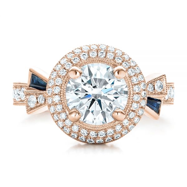 18k Rose Gold 18k Rose Gold Custom Diamond Halo And Blue Sapphire Engagement Ring - Top View -  101036