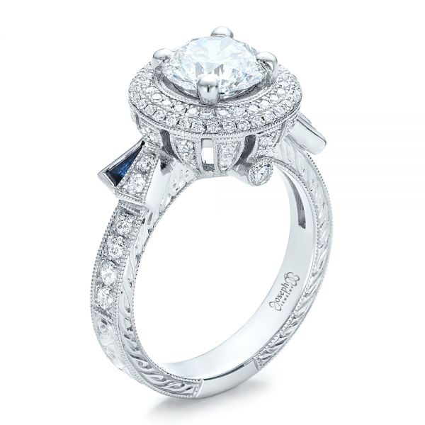 18k White Gold 18k White Gold Custom Diamond Halo And Blue Sapphire Engagement Ring - Three-Quarter View -  101036