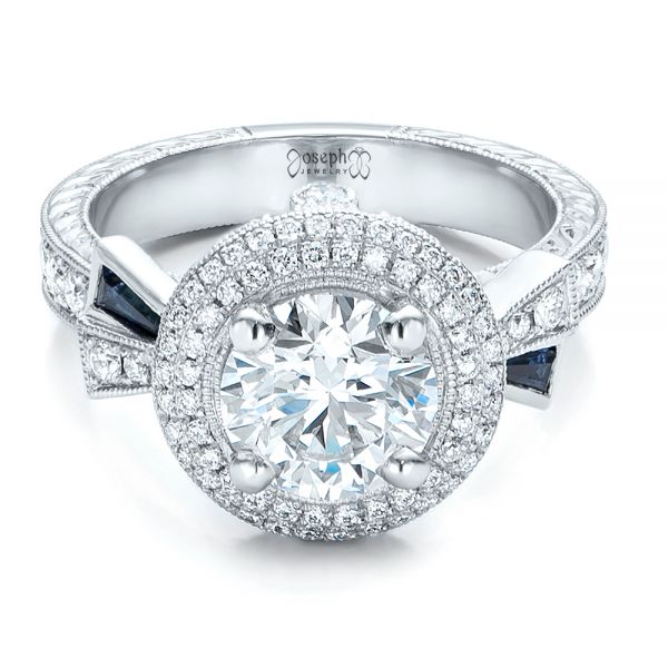  Platinum Custom Diamond Halo And Blue Sapphire Engagement Ring - Flat View -  101036