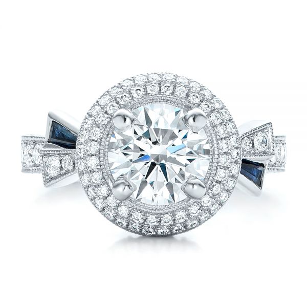  Platinum Custom Diamond Halo And Blue Sapphire Engagement Ring - Top View -  101036