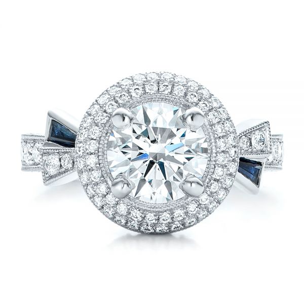  Platinum Custom Diamond Halo And Blue Sapphire Engagement Ring - Top View -  101036
