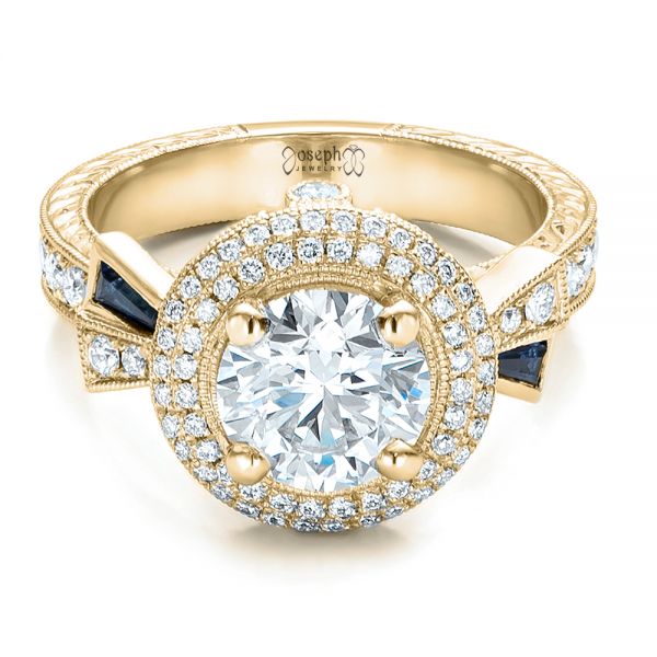 18k Yellow Gold 18k Yellow Gold Custom Diamond Halo And Blue Sapphire Engagement Ring - Flat View -  101036