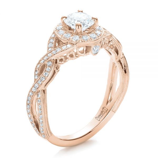 14k Rose Gold 14k Rose Gold Custom Diamond Halo And Filigree Engagement Ring - Three-Quarter View -  100575