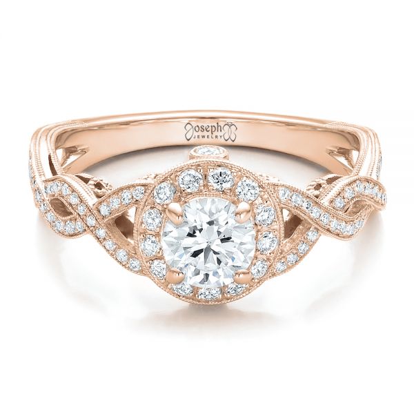 14k Rose Gold 14k Rose Gold Custom Diamond Halo And Filigree Engagement Ring - Flat View -  100575