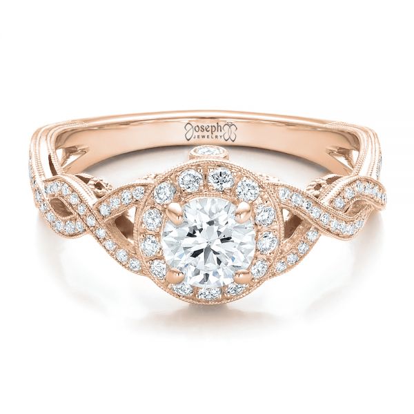 14k Rose Gold 14k Rose Gold Custom Diamond Halo And Filigree Engagement Ring - Flat View - 100575
