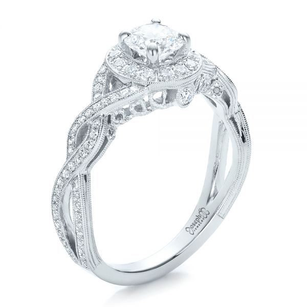 14k White Gold Custom Diamond Halo And Filigree Engagement Ring - Three-Quarter View -  100575