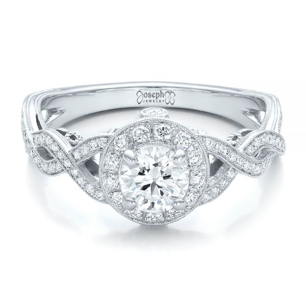 14k White Gold Custom Diamond Halo And Filigree Engagement Ring - Flat View - 100575